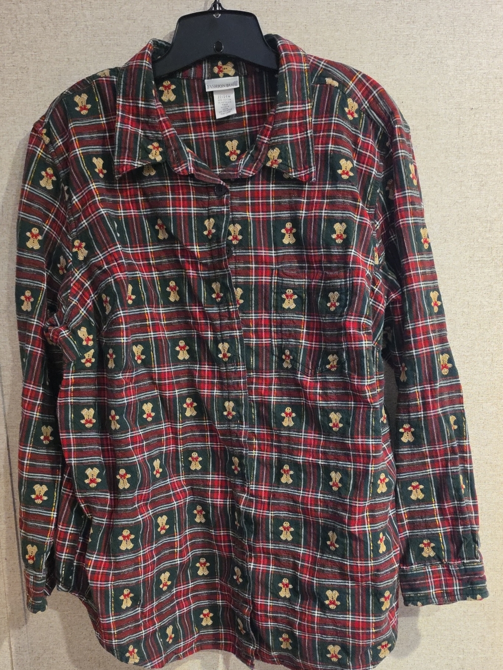 Beauttiful, Fashion Bug Green and Red Plaid Button-Up Shirt with Gold Embroidery